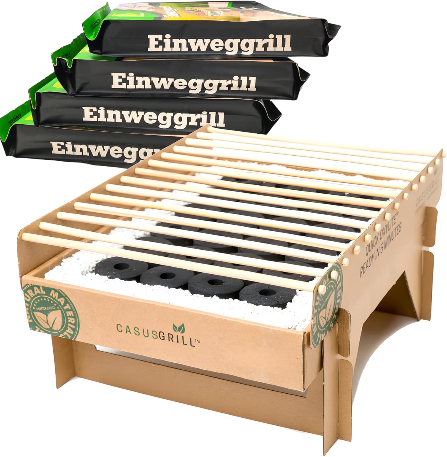 5x CasusGrill Öko Einweggrill Einmalgrill 100% Nachhaltig - Bio Grill rauchfrei 31 x 24cm Bambus Kohle und Grillrost, natürlichen Materialien, weniger CO2 Emission, 5 min startklar über 1h Brenndauer