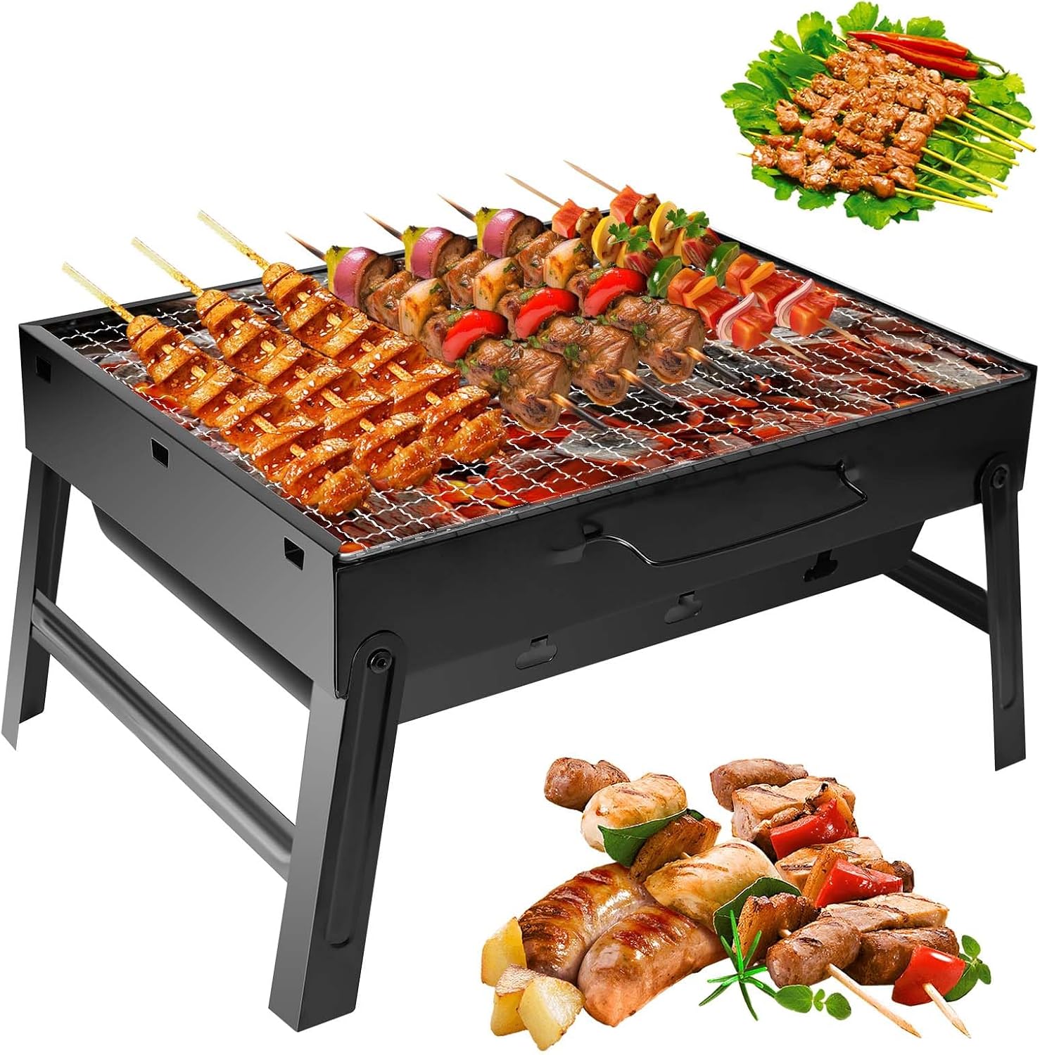 Auauraintt Kompakter Mini Grill BBQ - Holzkohle, tragbar & klappbar,Tischgrill Campinggrill Picknickgrill,für Picknick, Garten, Terrasse, Camping, Reisen