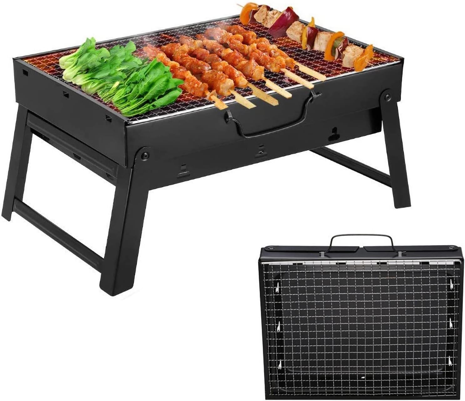 ROIMOE Holzkohlegrills Grill BBQ Portable, Tischgrill Campinggrill Picknickgrill, Abnehmbare BBQ Grills Klappgrill Minigrill für Outdoor Terrasse Camping (Small) Black