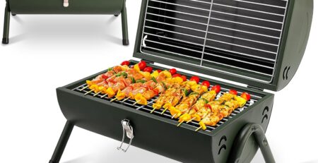 Pukomc Grill-42 * 29 * 29cm Tragbarer Holzkohlegrill Klappbarer Doppe Grillfläche für Outdoor-Barbeque Camping, Terrasse, Garten Grün