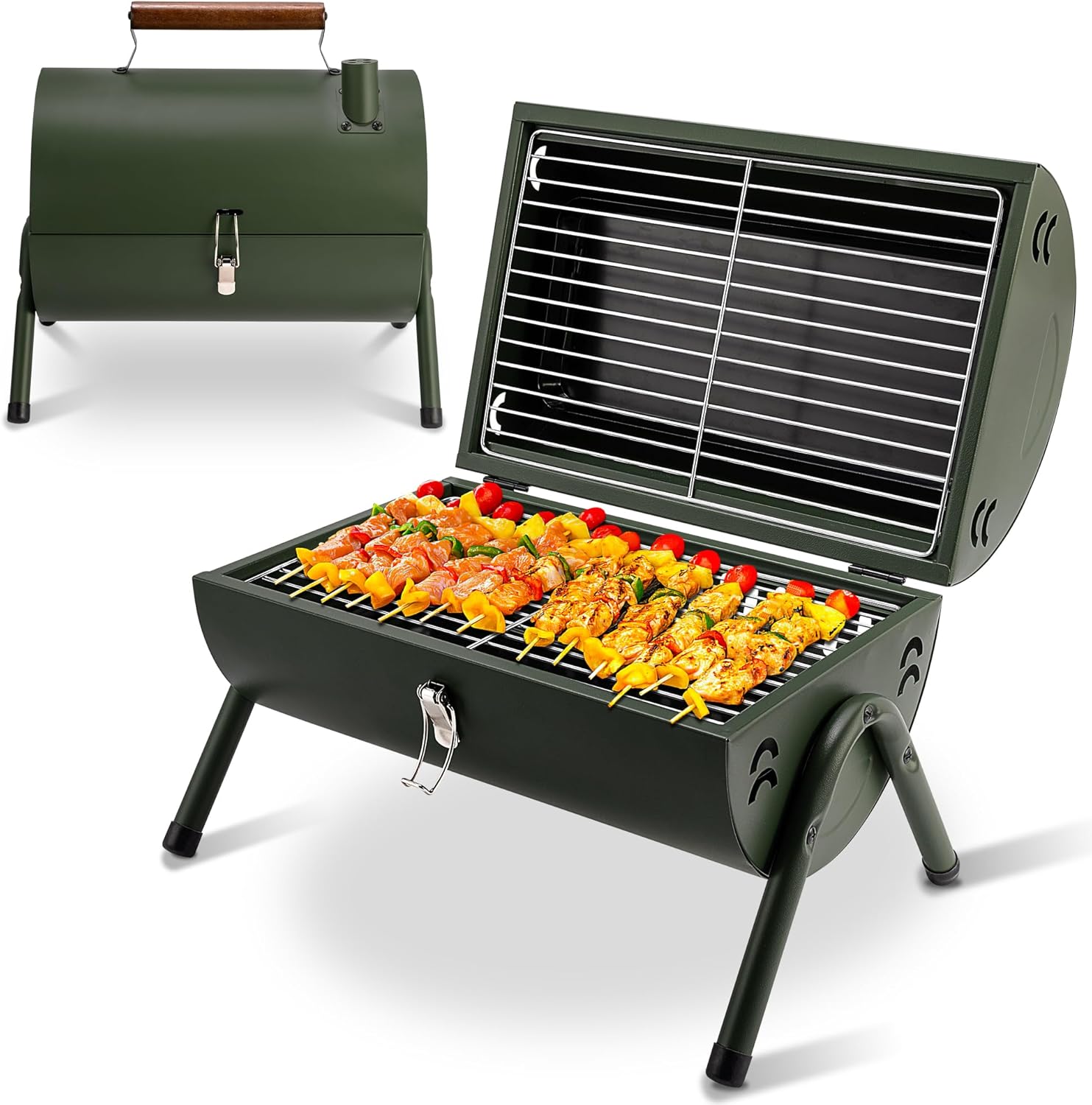 Pukomc Grill-42 * 29 * 29cm Tragbarer Holzkohlegrill Klappbarer Doppe Grillfläche für Outdoor-Barbeque Camping, Terrasse, Garten Grün