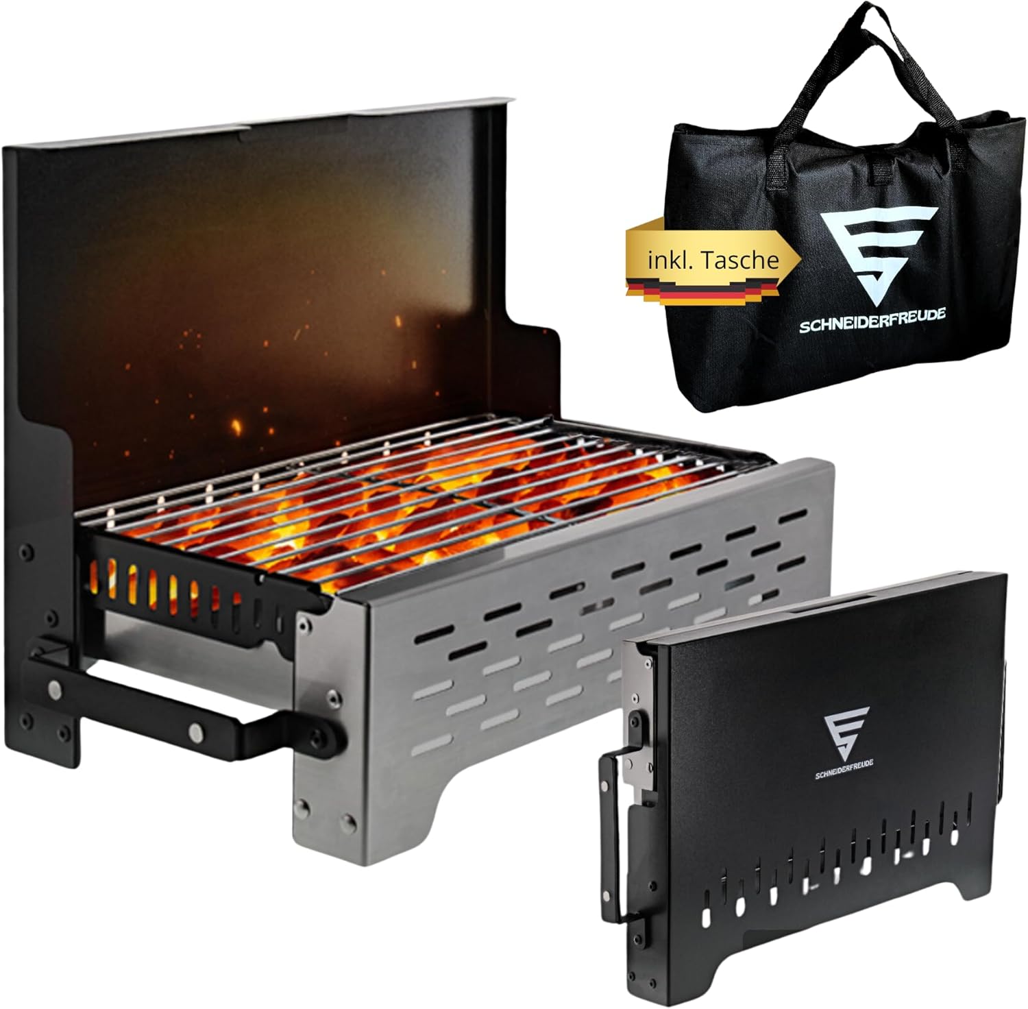 SCHNEIDERFREUDE Premium Camping-Grill: Der Klappgrill mit Tasche für echte Grillfans - Designed und geprüft in Deutschland für das ultimative Outdoor-Erlebnis, Holzkohlegrill, BBQ-Grill, Tischgrill