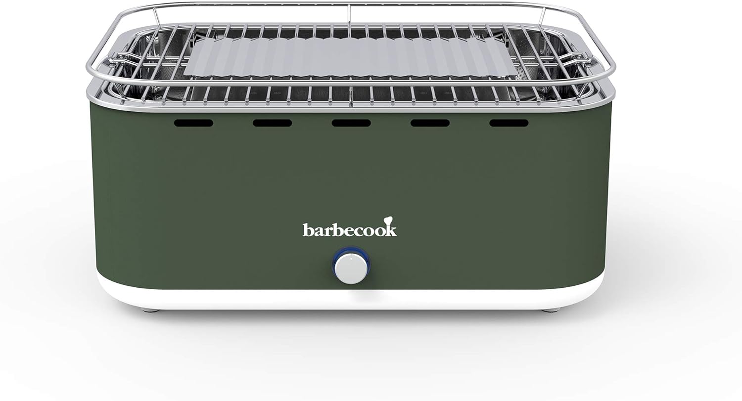 Barbecook Rauchfreier Holzkohlegrill Tischgrill mit Tragetasche geeignet für Balkon als Outdoor Camping-Grill mit eingebauten Gebläse, spülmaschinen-fest, Grün
