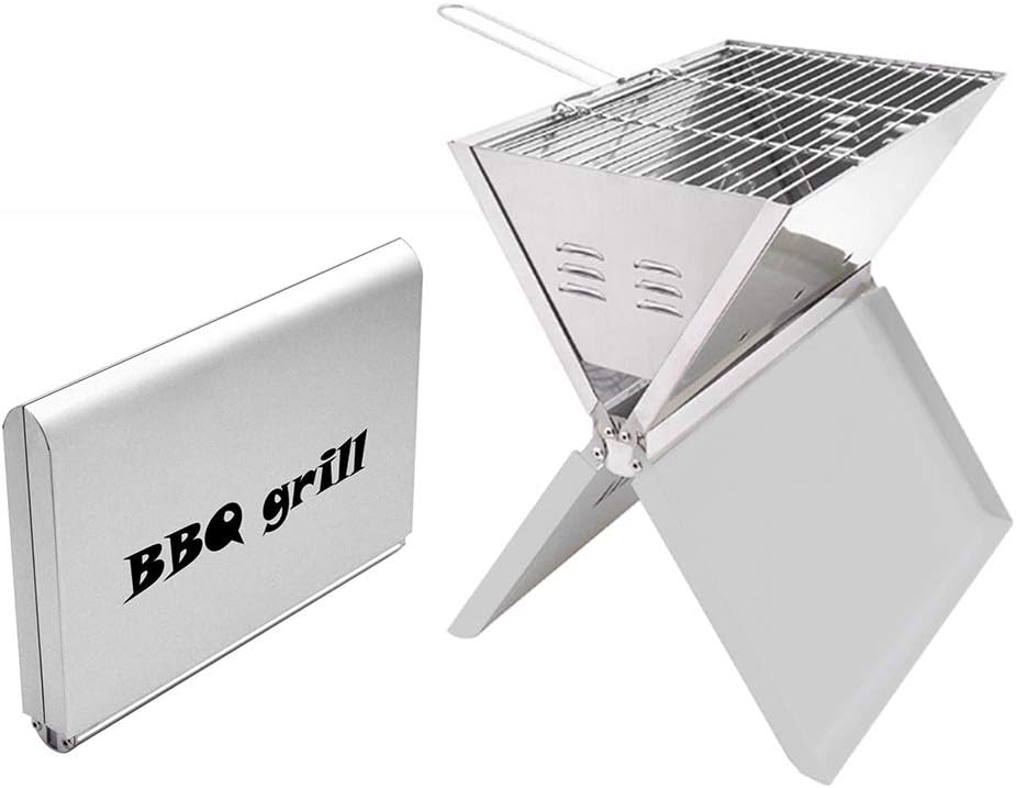 SOLOCJNL Campinggrill Holzkohle, Faltbare BBQ Edelstahl Grill Klappgrill Tischgrill mit Grillrost für Camping Grillparty Reisen, Silber