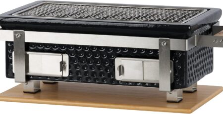 BBQ-Toro Keramik Tischgrill mit Holzunterlage | 50 x 23 x 17 cm | Hibachi Tischgrill ohne Strom | Schwarz | Minigrill, Kohlegrill Camping Grill Holzkohle