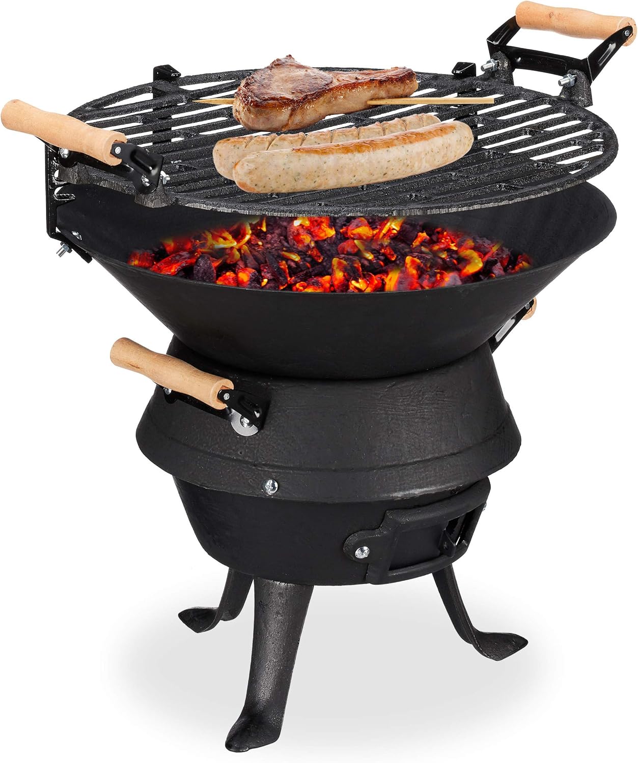 Relaxdays Grillfass Gusseisen, höhenverstellbarer Grillrost, Belüftung, Fassgrill für Holzkohle, HBT 40x45x36cm, schwarz