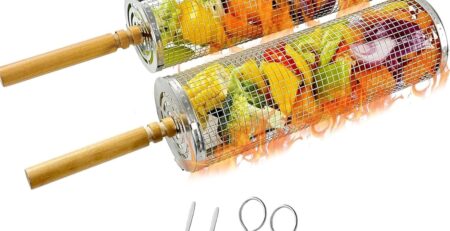 Gerbala Rolling Grill Korb für Outdoor-Grill, Nesting Grill Körbe 2 Pack mit abnehmbaren Holzgriffen für Camping Picknick BBQ, 304 Edelstahl Barbecue Tools Käfige Set für Gemüse Fleisch Garnelen Fisch