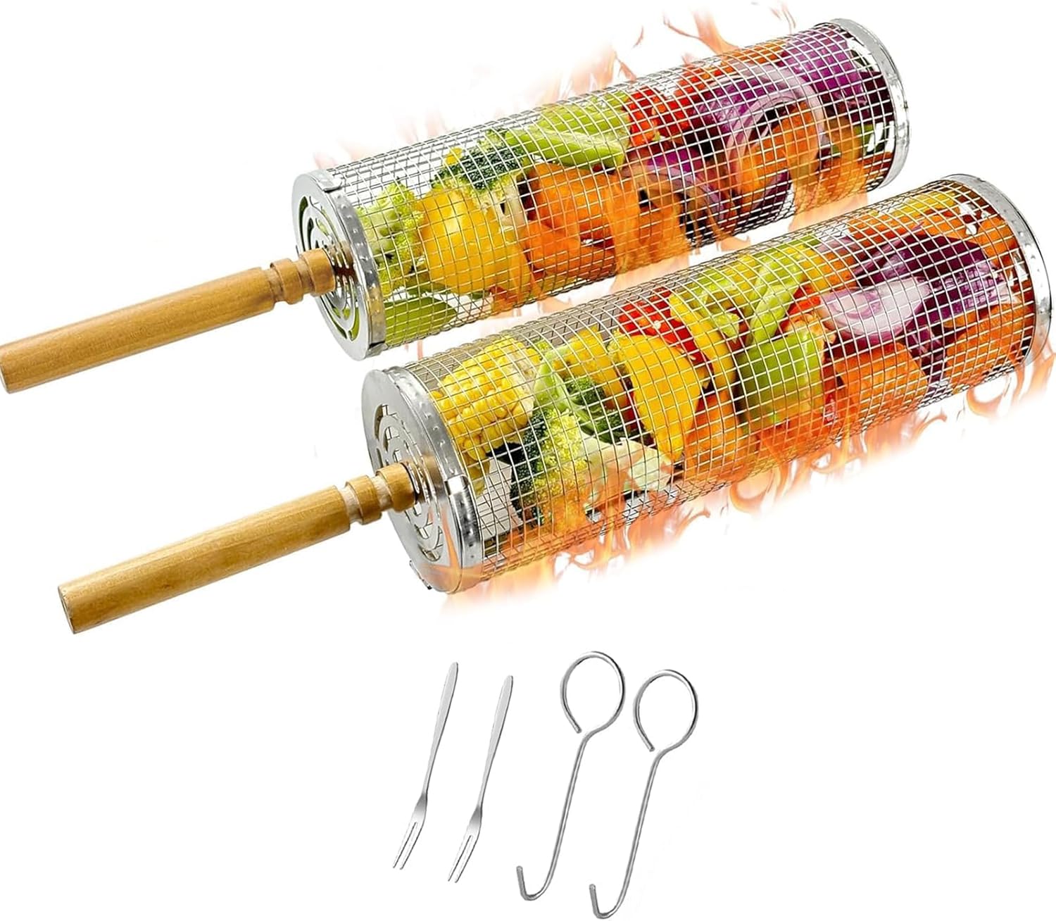 Gerbala Rolling Grill Korb für Outdoor-Grill, Nesting Grill Körbe 2 Pack mit abnehmbaren Holzgriffen für Camping Picknick BBQ, 304 Edelstahl Barbecue Tools Käfige Set für Gemüse Fleisch Garnelen Fisch