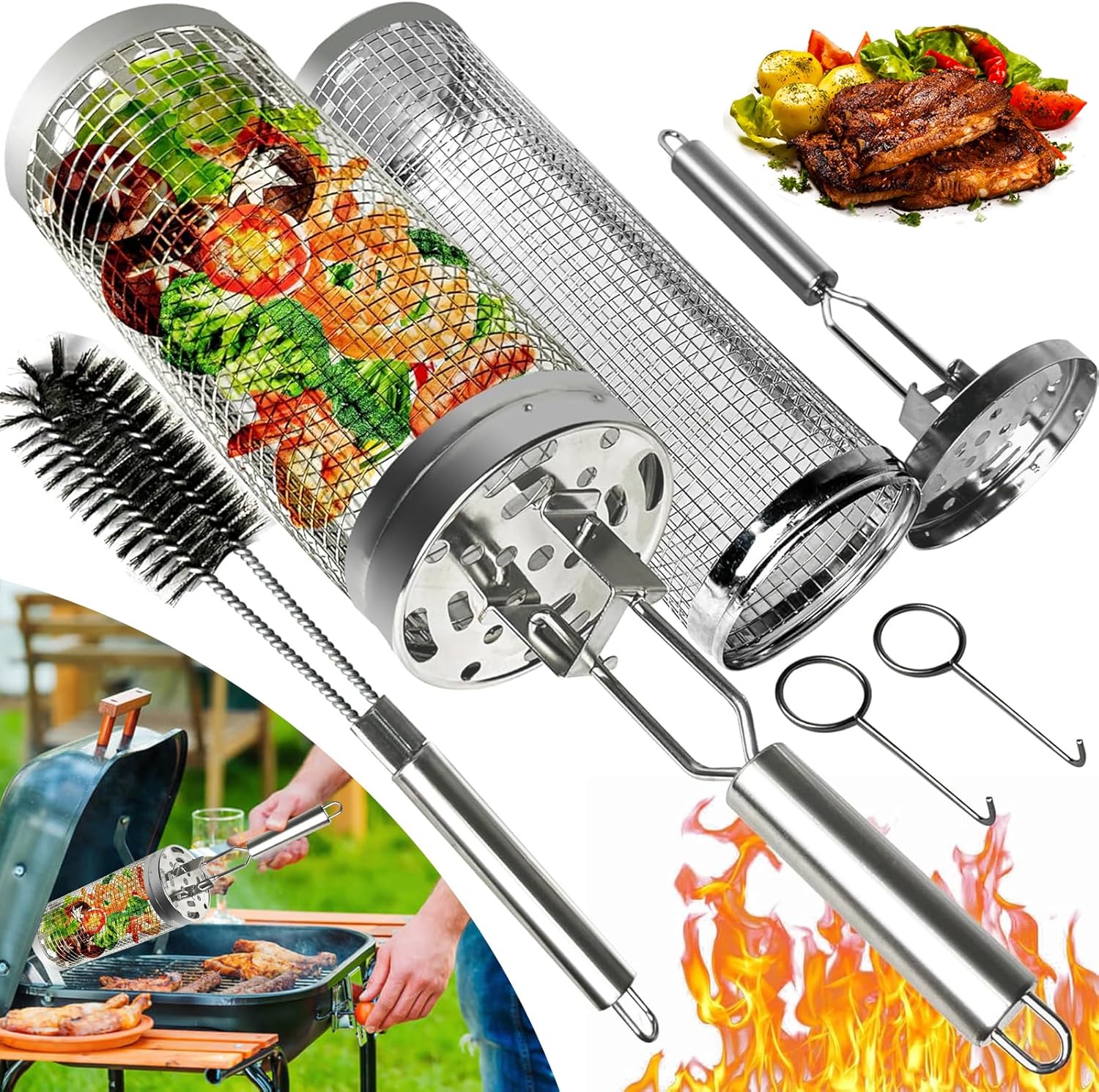 2-Stück Grillzubehör, Rollendes Grillkorb Set mit Griff aus Edelstahl, Zubehör Set Grillnetzrohr für Den Außengrill für Gemüse und Meeresfrüchte, Grillkorb Zylindrisch, Geschenke für Männer