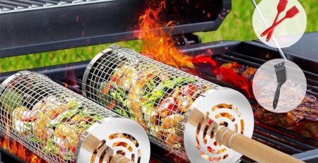 2 Stück Rollendes Grillkorb Set mit Holzgriff - Edelstahl Nestender Rollender Grillkorb Outdoor-Grill-Set Zubehör für Gemüse und Fleisch Camping Picknick Grillzubehör Geschenk für Männer