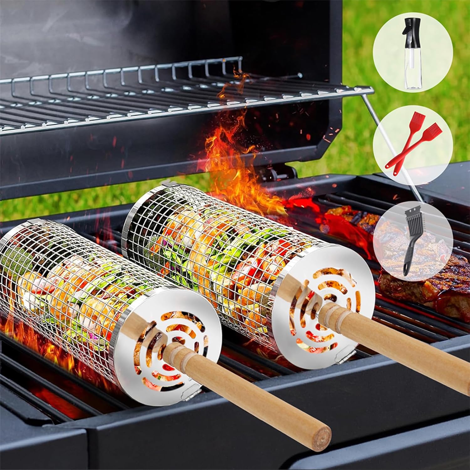 2 Stück Rollendes Grillkorb Set mit Holzgriff - Edelstahl Nestender Rollender Grillkorb Outdoor-Grill-Set Zubehör für Gemüse und Fleisch Camping Picknick Grillzubehör Geschenk für Männer