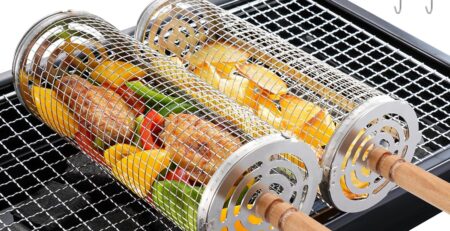2stk Grillkorb Edelstahl, Drehbarer Gemüse Grillkorb mit Holzgriff, Rund Grillnetz Grill Zubehör, Geschenk für Grillfans, Zylindrischer Grillkorb, Rolling Grillrolle für Gemüse Fisch Grillen