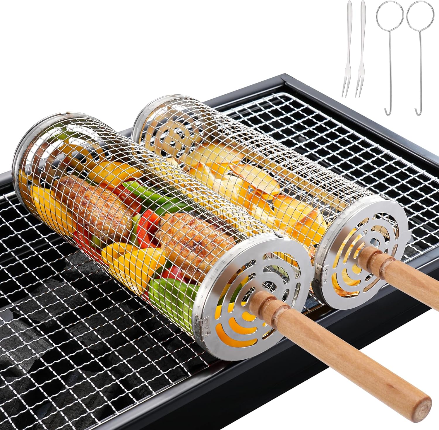 2stk Grillkorb Edelstahl, Drehbarer Gemüse Grillkorb mit Holzgriff, Rund Grillnetz Grill Zubehör, Geschenk für Grillfans, Zylindrischer Grillkorb, Rolling Grillrolle für Gemüse Fisch Grillen