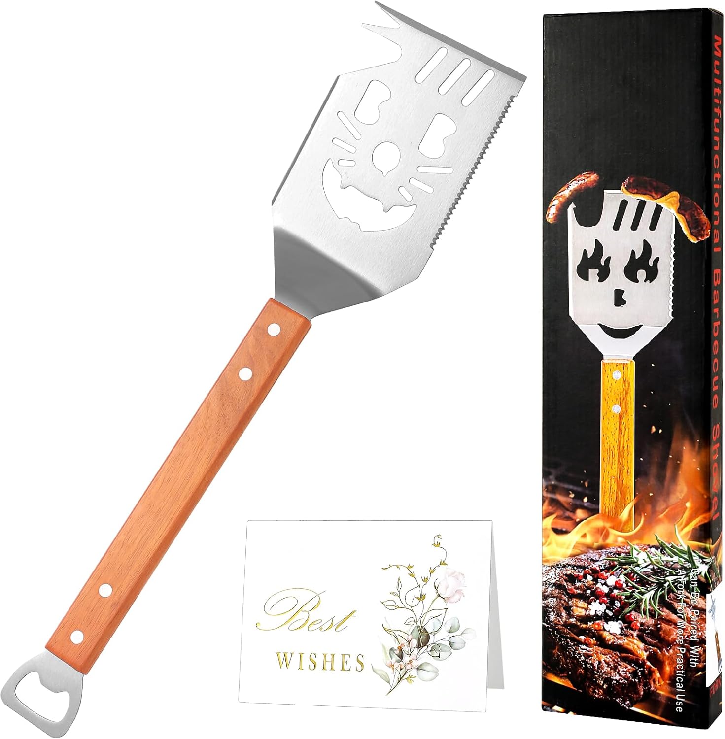 7 in 1 Grillspachtel für Barbecue, Multifunktionales Grillwerkzeug mit Holzgriff, Edelstahl Grillwender, Perfektes Grillzubehör, Grill Zubehör für Männer, Kreativer Grillwender