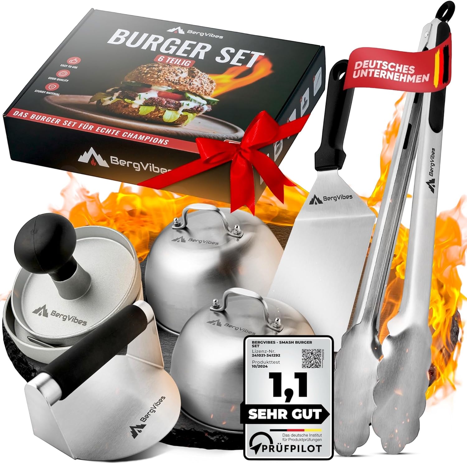 BERGVIBES Smash Burger Set 6 TLG. aus Edelstahl für Plancha, 2 Burgerglocken, Burgerpresse, Smasher, Pattywender, Grillzange, das ideale Geschenkset