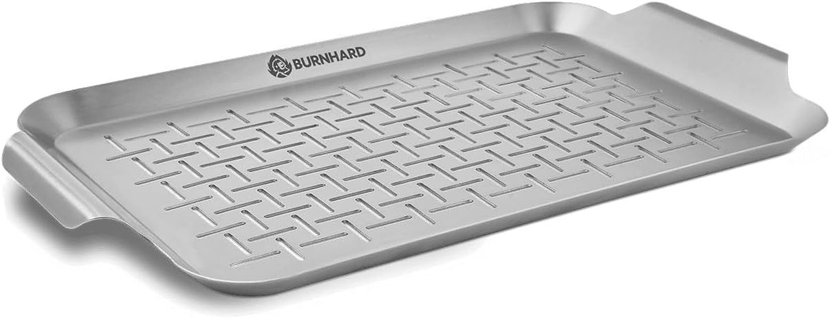 BURNHARD Grillschale 37 x 25 x 2 cm aus Edelstahl für Gemüse, Fleisch und Fisch, Gemüsekorb für Gas-, Elektro- und Holzkohlegrill, spülmaschinenfest, rostfrei