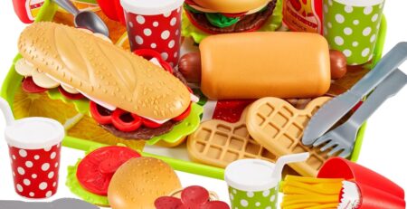 BUYGER Kinderküche Spielküche Zubehör für Kinder, Hamburger Fast Food Lebensmittel Grill Zubehör Spielzeug, Matschküche Kinder Outdoor, Rollenspiele Geschenk