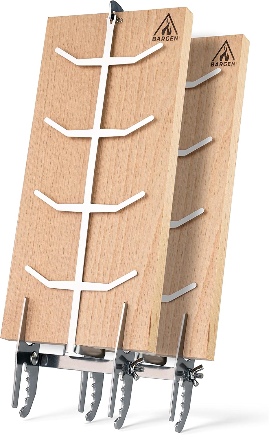 Bargen Flammlachsbretter mit Stabiler Edelstahl-Halterung 32 x 15 cm - Grillzubehör für Feuerschalen und Kugelgrill (2er Set)
