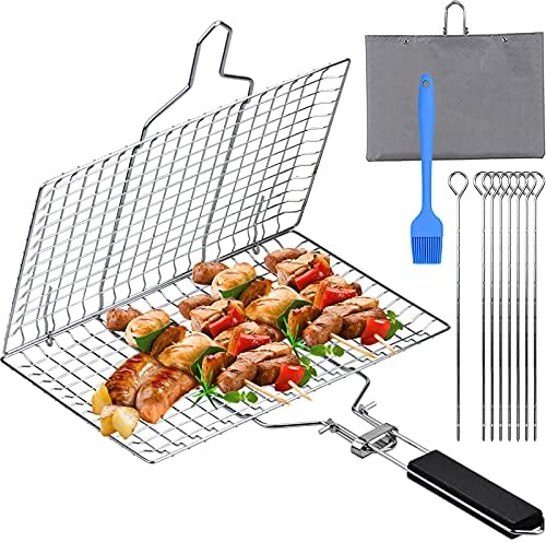 CAPRICIOUS Grill Grille, Fish Griller, Stainless Steel Fish Tongs for Grilling, Grill Basket, BBQ Fish Roaster, Removable Wooden Handle with 8 Metal skewers, Baking Brush, Steak, Vegetables