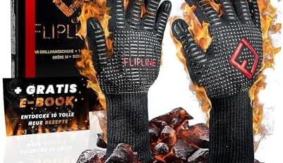 FLIPLINE® Grillhandschuhe Hitzebeständig - Premium feuerfeste Handschuhe, Ofenhandschuhe, Kochhandschuhe, Backhandschuhe für Küche & Grill - BBQ Handschuhe inkl. Rezepte E-Book (M)