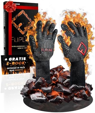 FLIPLINE® Grillhandschuhe Hitzebeständig - Premium feuerfeste Handschuhe, Ofenhandschuhe, Kochhandschuhe, Backhandschuhe für Küche & Grill - BBQ Handschuhe inkl. Rezepte E-Book (M)
