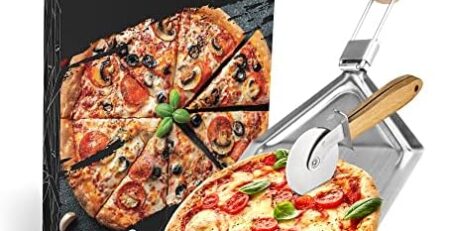 Flowboo Pizzaschieber Edelstahl | Pizza Set mit XXL Pizzaschaufel & Schneideroller | Pizza Schieber für Grill & Ofen mit faltbarem Bambusgriff | Pizzawender für Pizzen bis 32cm | Pizza Zubehör