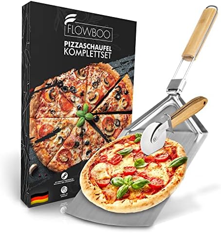 Flowboo Pizzaschieber Edelstahl | Pizza Set mit XXL Pizzaschaufel & Schneideroller | Pizza Schieber für Grill & Ofen mit faltbarem Bambusgriff | Pizzawender für Pizzen bis 32cm | Pizza Zubehör