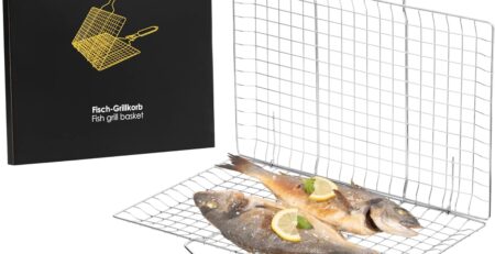 GOURMEO Edelstahl Grillschale - Fisch, Fleisch & Gemüse Grillkorb mit Holzgriff & Bürste - Rostfreie Zubehör Körbe zum Grillen für den Gasgrill und andere Grill Arten