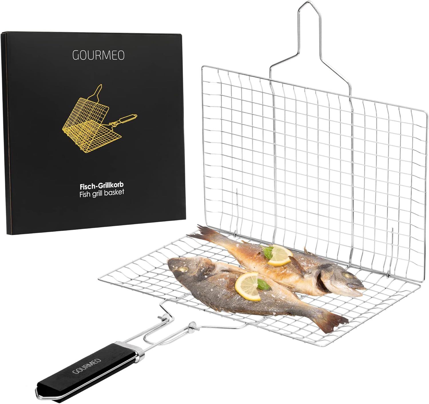 GOURMEO Edelstahl Grillschale - Fisch, Fleisch & Gemüse Grillkorb mit Holzgriff & Bürste - Rostfreie Zubehör Körbe zum Grillen für den Gasgrill und andere Grill Arten