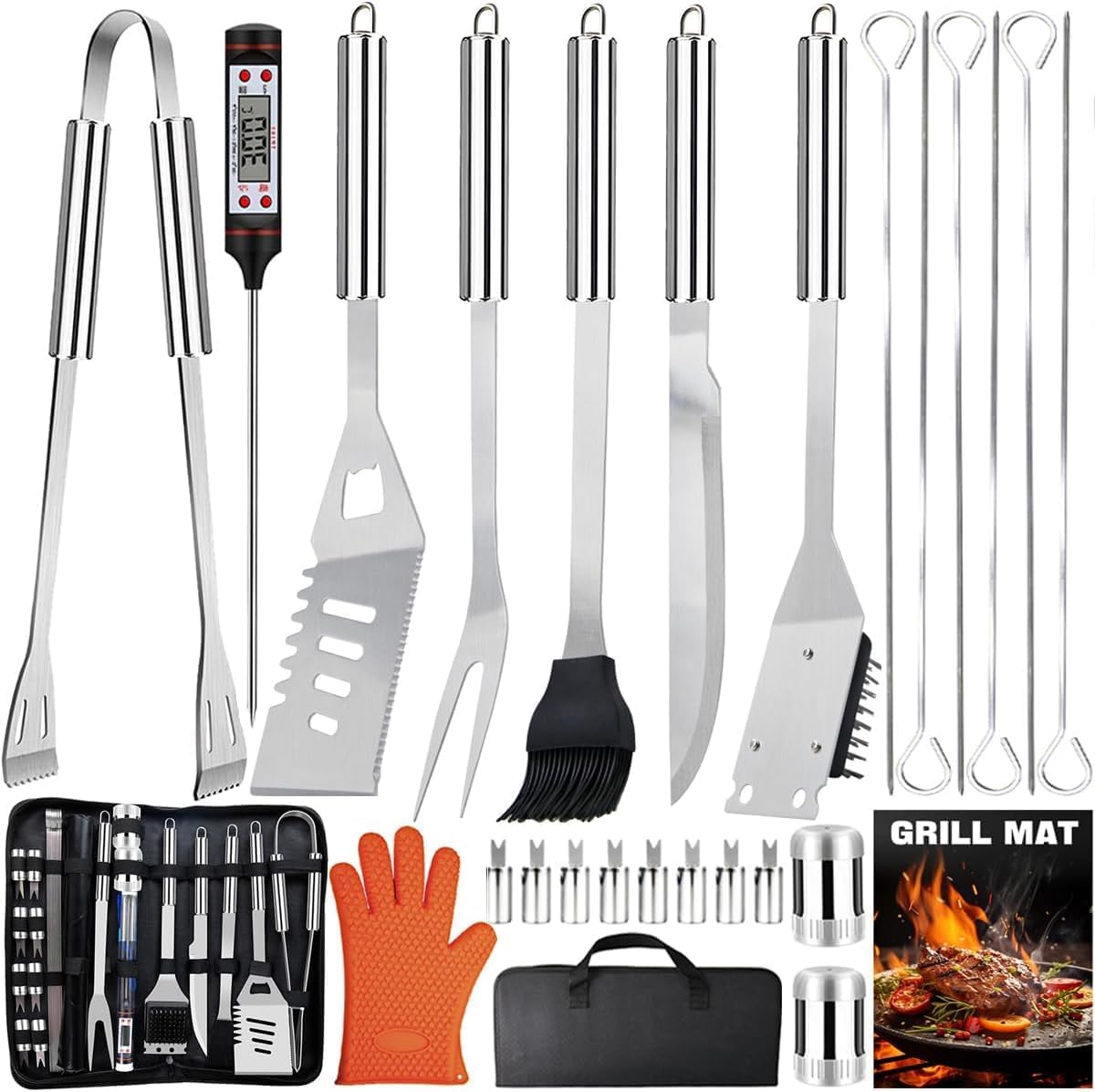 Grillbesteck Set, 28-teiliges Edelstahl Professionelles Grillzubehör mit Tragetasche, Geburtstags Weihnachten Geschenk für Männer, für Garten und Camping BBQ