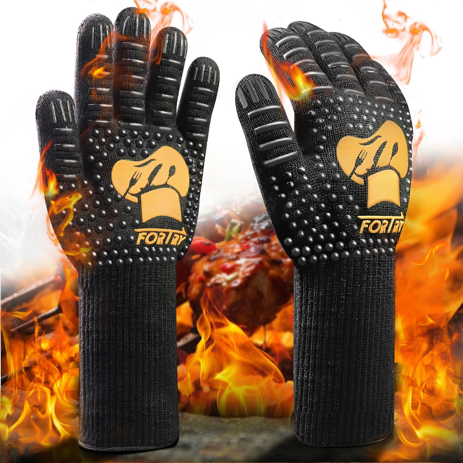 Grillhandschuhe Hitzebeständig Bis 800°C，Ofenhandschuhe rutschfest，Backhandschuhe Kochhandschuhe Atmungsaktiv,Feuerfeste Handschuhe Topfhandschuhe Kamin，für Grill BBQ (L-XXL)
