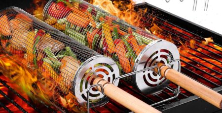 Grillkorb Edelstahl,Toyone 2 Stück Grill Zubehör mit Holzgriff – Rolling Grillkorb – für Outdoor Küche, Gemüse-Grillkorb, Gegrilltes Gemüse, Fleischspieße, Meeresfrüchte