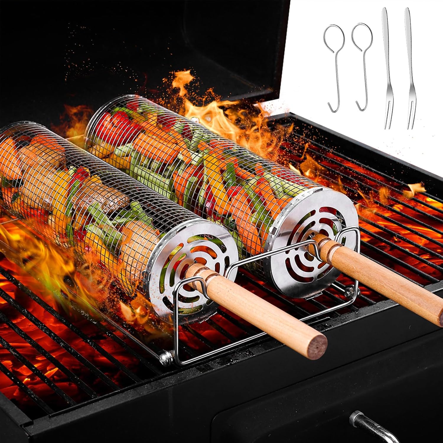 Grillkorb Edelstahl,Toyone 2 Stück Grill Zubehör mit Holzgriff – Rolling Grillkorb – für Outdoor Küche, Gemüse-Grillkorb, Gegrilltes Gemüse, Fleischspieße, Meeresfrüchte