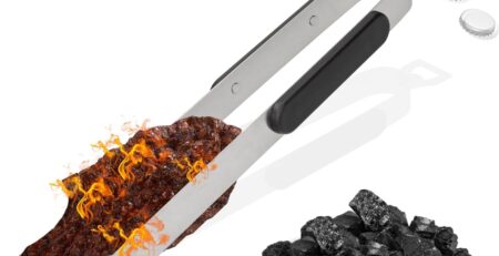 Grillzange lang 35 cm aus Edelstahl - BBQ Zange mit Kapselheber - Küchenzange ideal für Grillmeister - Küchenhelfer mit ergonomischen Griff - 2in1 Grillzubehör, Farbe:grau