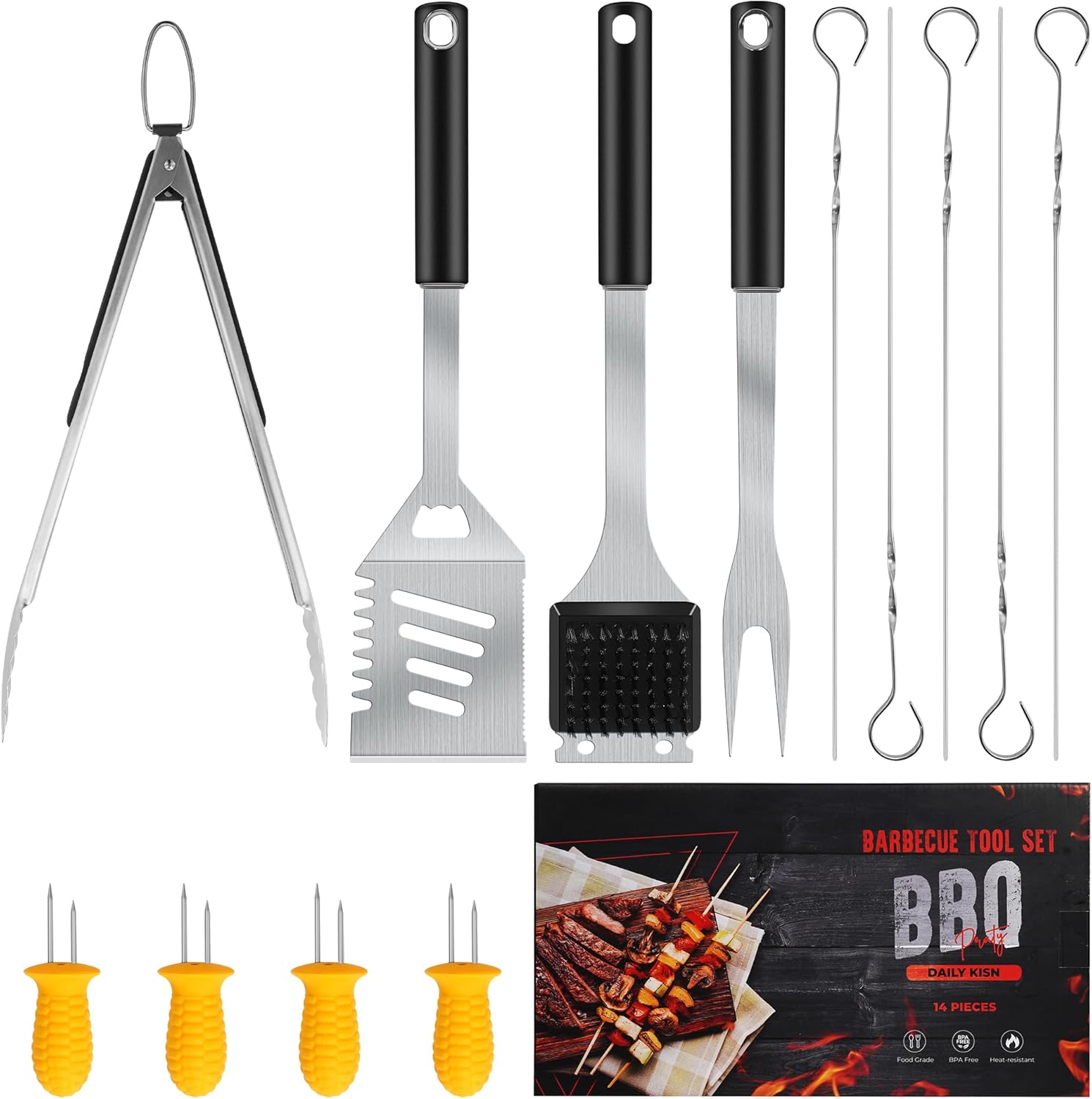 Grillzubehör-Set, Grillwerkzeug-Set aus Edelstahl mit 4-in-1-Grillspatel, Grillgabel, Grillzange, Grillspieß, Maiskolbenhaltern aus Silikon