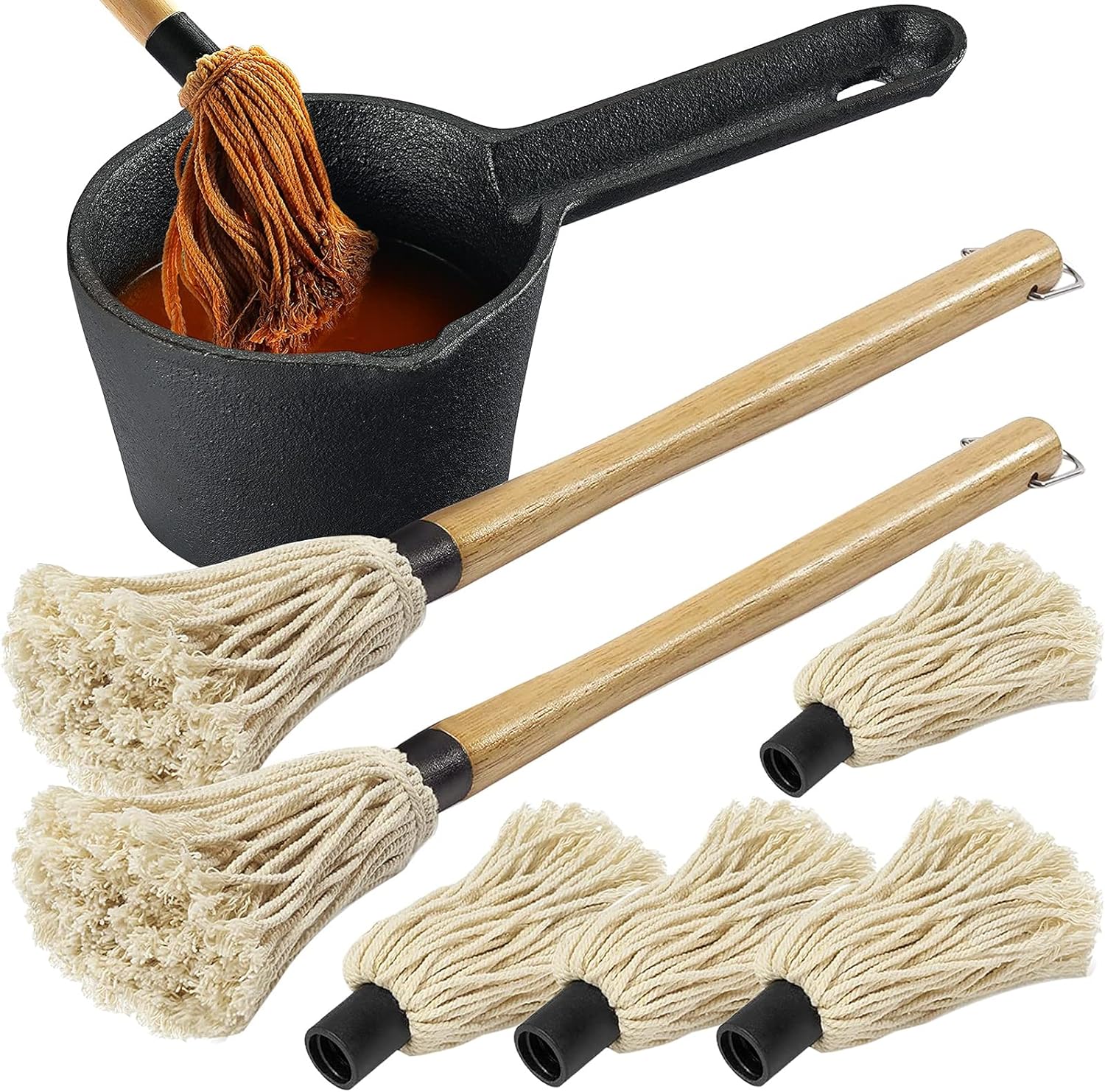 Gusseisen Saucen Topf und Grill Mopp Pinsel Set zum Grillen, 7-teiliges Grill Zubehör inklusive 680 ml Wärmeerhaltung, schweres Backen, 2 Stück Holz-Saucen-Mops mit langem Griff und 4 Ersatzteile