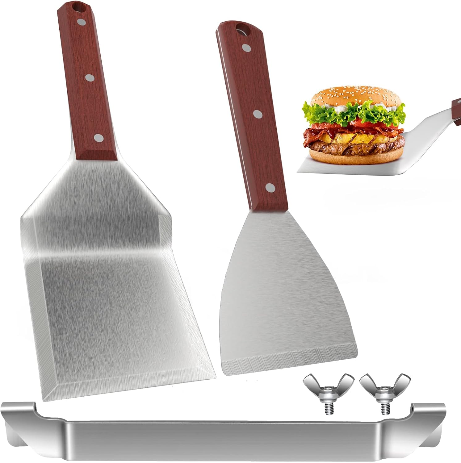 HAPPY FINDING Grillspachtel, XXL holzgriff Grillbestecksets Edelstahl Grill Zubehör mit Grillspatel-Ständer für Profi BBQ Zubehör Smash Burger