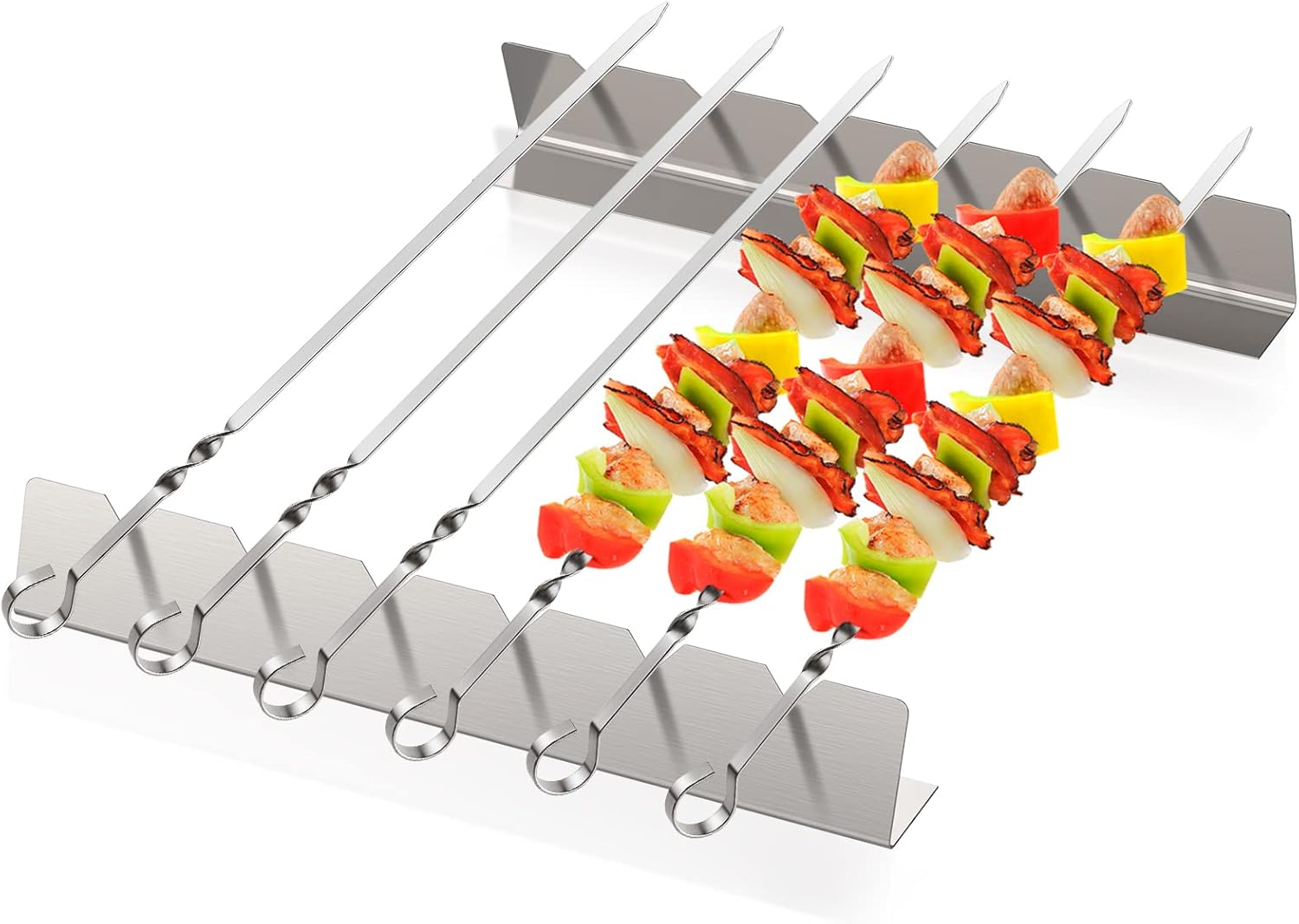 Homealexa Grillspieße Edelstahl, Schaschlikspieße Edelstahl Grill Spieße mit Halterung, 6 Pack Grill Kabob Lange Spieße Fleischspieße Set Grill Skewers Grillzubehör