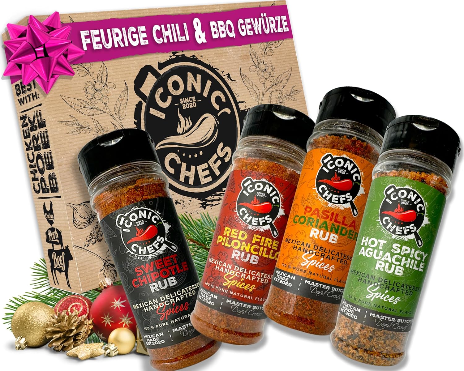 ICONIC CHEFS® Scharfes Chili Grillgewürze Geschenkset 100% aus MEXIKO - 4 Gewürze je 70g - BBQ Rub Gewürze Set - Grill Geschenke für Männer - Gewürze Geschenkset - BBQ Grill Gewürzset -Grill Gewürze