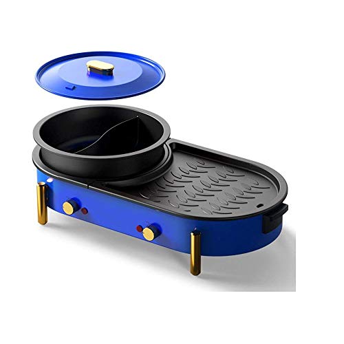 KOIUJ Haushalt Multi-Funktions-Grill Bratpfanne Dual Purpose Barbecue Hot Pot EIN Pot Elektro Hot Pot Elektro-Backen-Wannen-Rinse-Wannen-Koch Pan gegrillte Pan-Blau