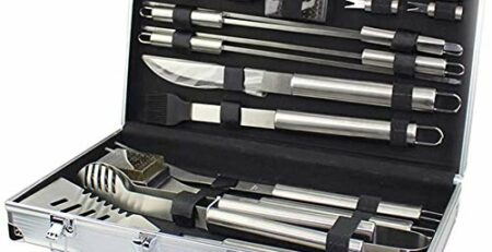 Knoijijuo 19Pcs Edelstahl Grillbesteck Set Im Aluminium-Koffer BBQ Grill Zubehör Set Fürs Camping Mit Geschenkpaket, Ideales