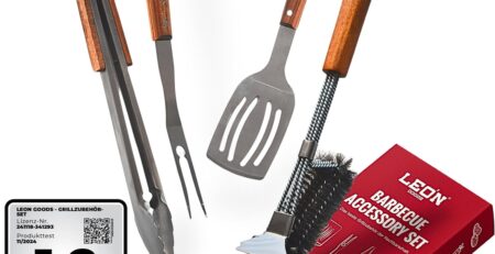 LEÓN Goods® : Grillbesteck Set [+Grillbürste] Grillzange, Grillwender, Grillgabel, Grillreiniger auch für Gasgrill! Grill Geschenkset aus Edelstahl und Akazienholz. (4-TLG.)