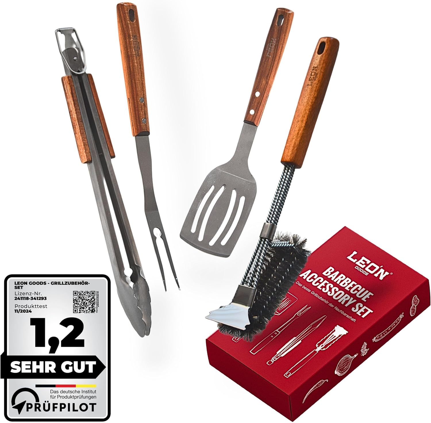 LEÓN Goods® : Grillbesteck Set [+Grillbürste] Grillzange, Grillwender, Grillgabel, Grillreiniger auch für Gasgrill! Grill Geschenkset aus Edelstahl und Akazienholz. (4-TLG.)