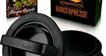 Le Flair XXL Burgerpresse-Set 4 in 1 -NEUES Modell 2019- mit E-Book | Burger Pattie Presse für Hamburger ideales Grillzubehör BBQ mit Backpapier Patty Maker Burger zum Grillen | Deutsche Marke