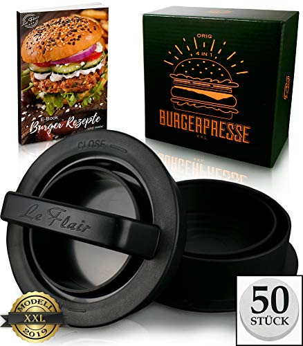 Le Flair XXL Burgerpresse-Set 4 in 1 -NEUES Modell 2019- mit E-Book | Burger Pattie Presse für Hamburger ideales Grillzubehör BBQ mit Backpapier Patty Maker Burger zum Grillen | Deutsche Marke