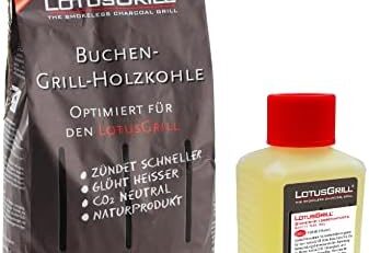 LotusGrill Buchenholzkohle 2,5 kg Sack inkl. LotusGrill Brennpaste 200 ml, beides entwickelt für raucharmes Grillen mit dem LotusGrill