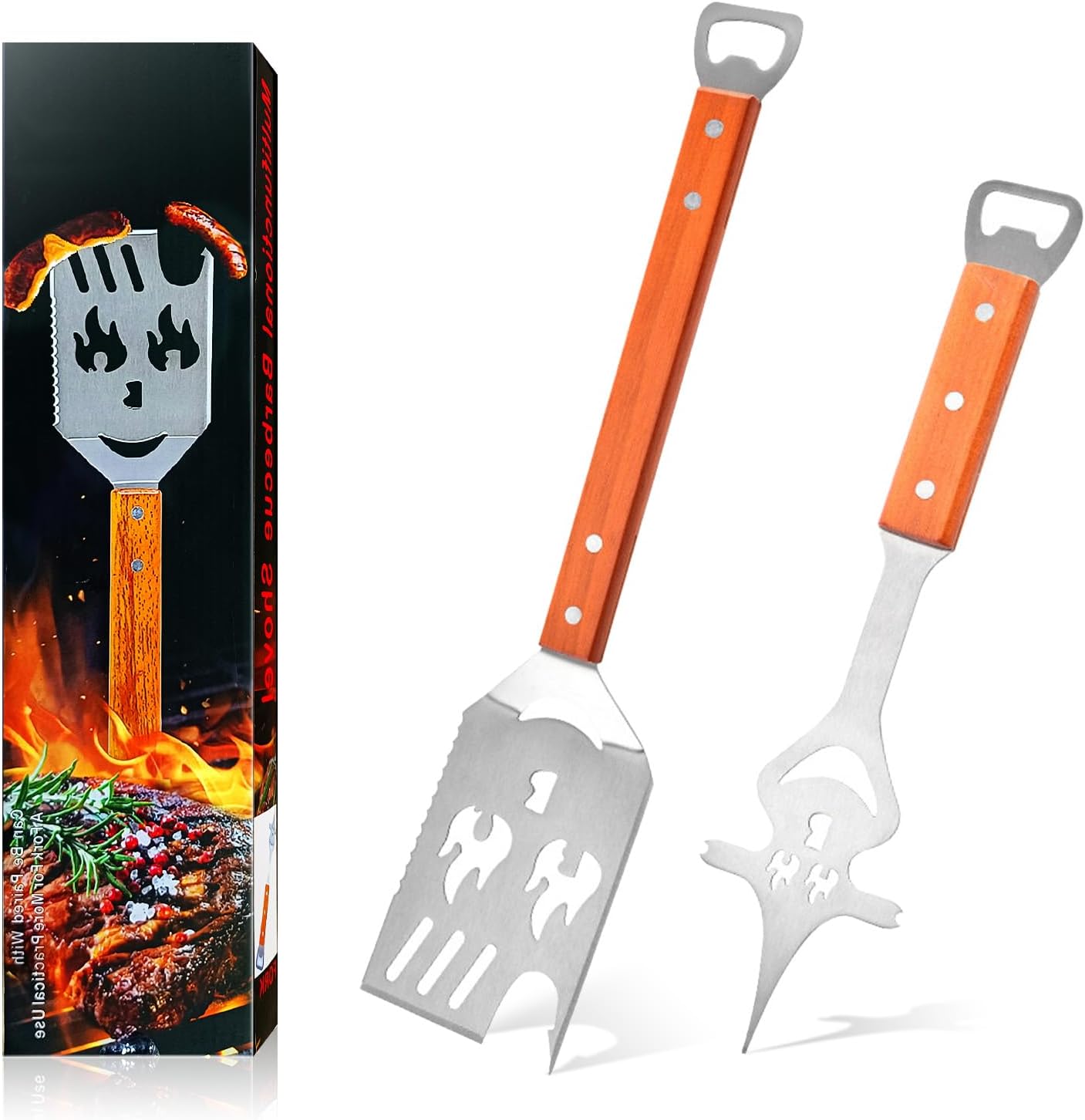 MARUKO Grillzubehör, 8 in 1 Grill Werkzeug Set, 42.5cm Grill Turner, BBQ Geschenke für Männer, Gabel, Säge, Flaschenöffner zum Grillen