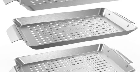 Onlyfire Grillschale Edelstahl, Rechteckiger Grillkorb Set für Fleisch, Gemüse und Fisch, Mini Grillschalen für Gasgrill Zubehör, Gelochte Grillpfanne, 32 x 18,5 x 1,7 cm