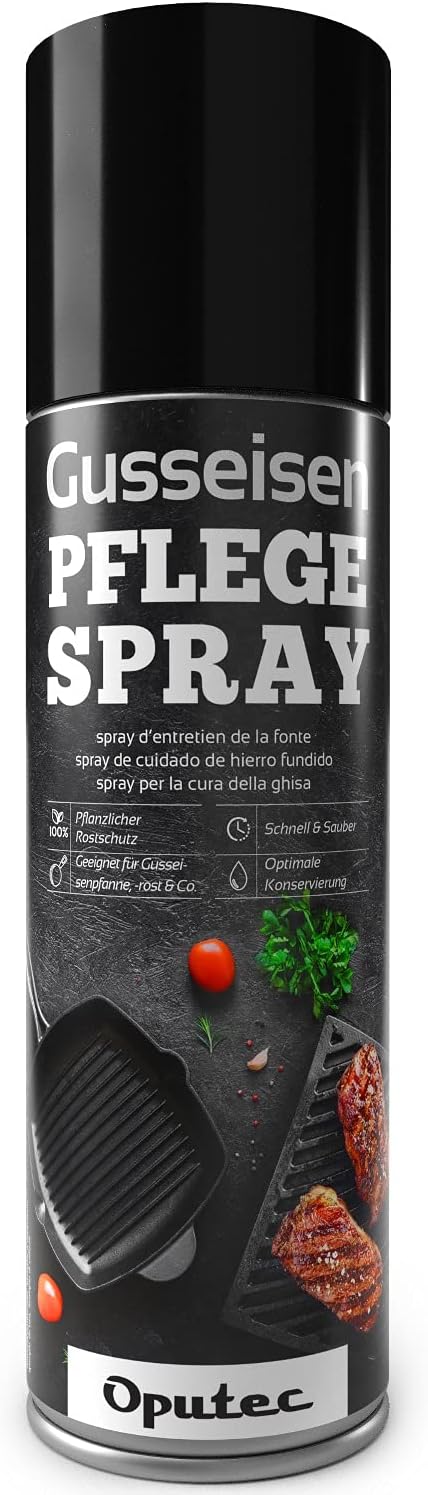 Oputec 500ml Gusseisen-Pflegespray - Ideales Grillzubehör zum Schutz & der Pflege von Gussrosten, Pfannen, Töpfen, Dutch Oven, Grillrosten, Brätern aus Gusseisen - Cast Iron Antihaft-Schutzspray