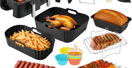 Orifesio Heißluftfritteuse Zubehör für Tefal EY9018 Dual Easy Fry 5,2/3,1L, 13-Teiliges Airfryer Zubehör Set, Airfryer Silikonform, Brotbackform, Grillrost, Rippchenhalter Grill, Ölsprühflasche